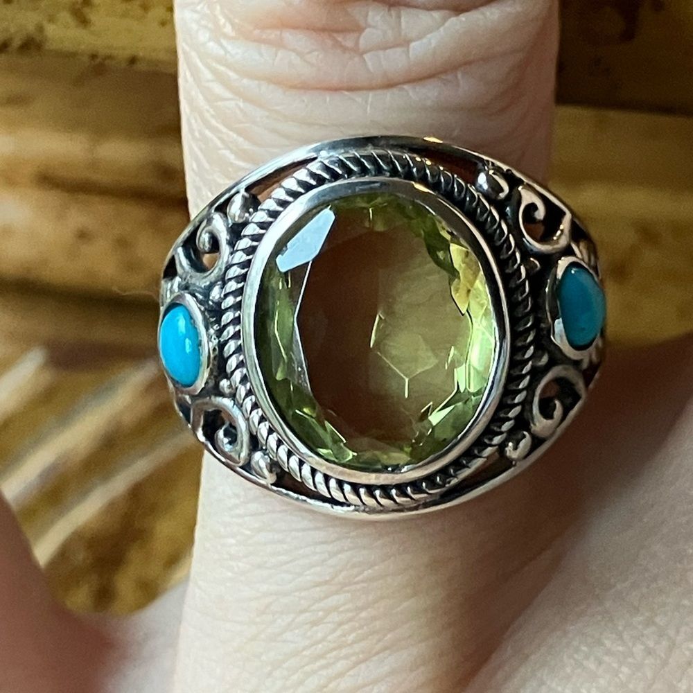 Golden Quartz Sleeping Beauty Turquoise Sterling Silver Ring Size 7